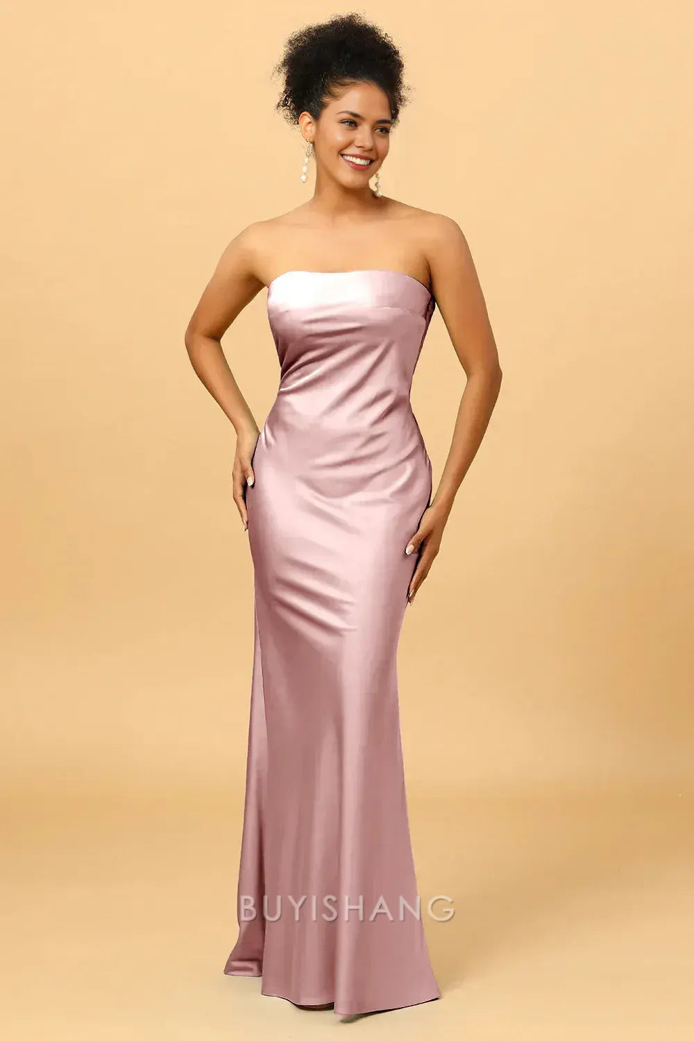 Elegant Strapless Draped Back Satin Mermaid Floor-Length Maxi Dress Prom Dress
